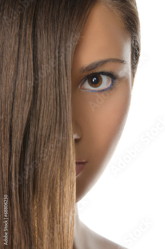 woman with straight hair isolated in white