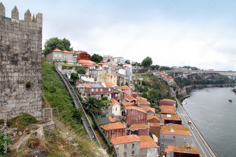 Old walls and Douro river in Porto, Portugal