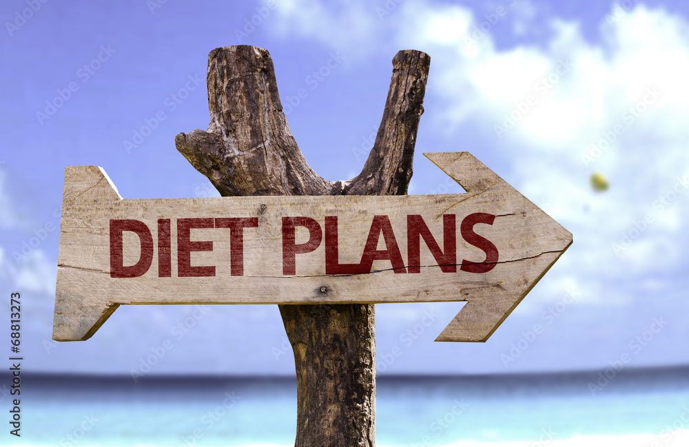 Diet Plans wooden sign with a beach on background
