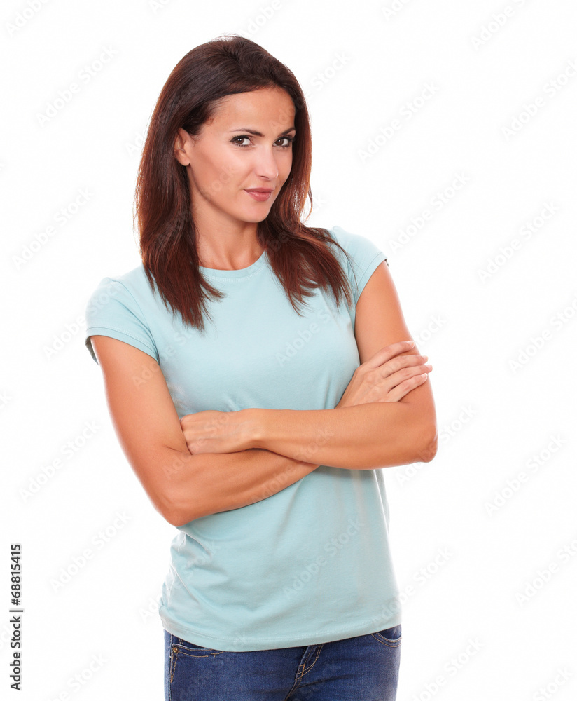 Reflective attractive lady smiling at you Reflective attractive lady smiling at you