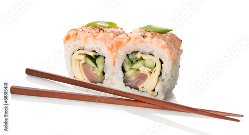 Two sushi with chopsticks
