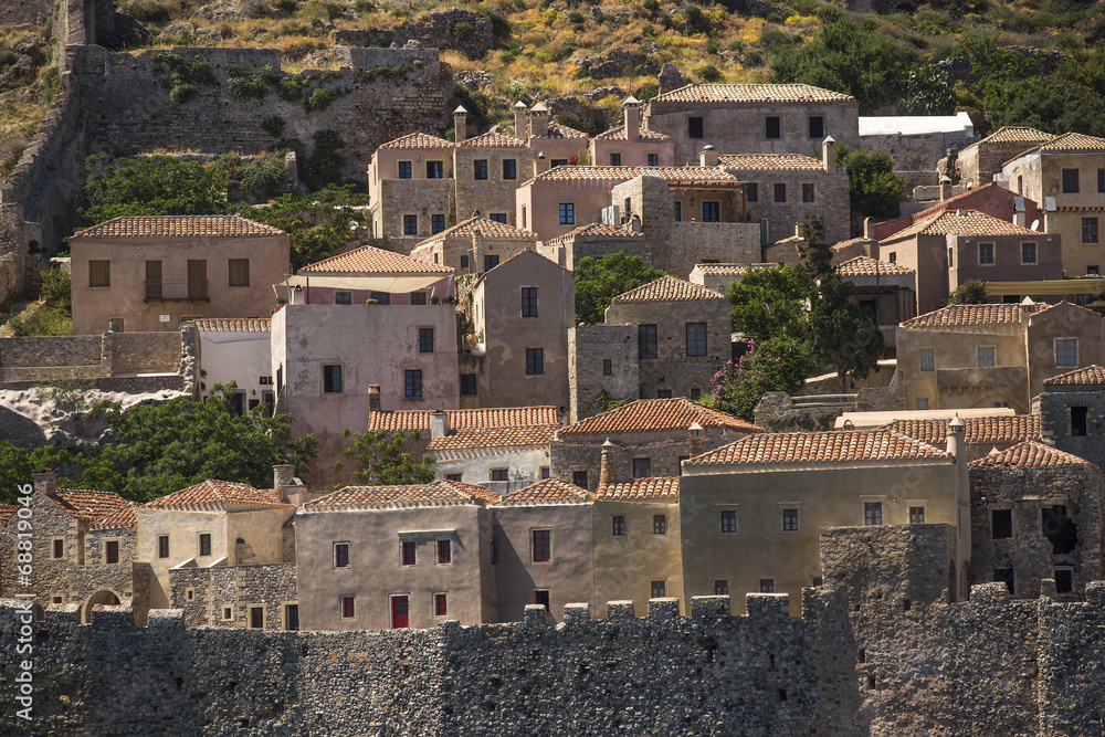 Greece, view of stone houses of Monemvasia island.