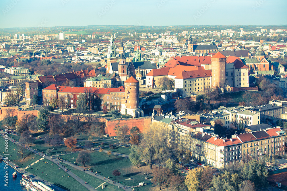Aerial view of Royal Wawel castle with park in Krakow