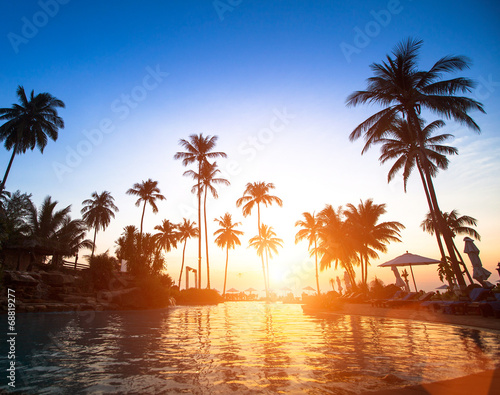 Beach in the tropics at beautiful sunset.