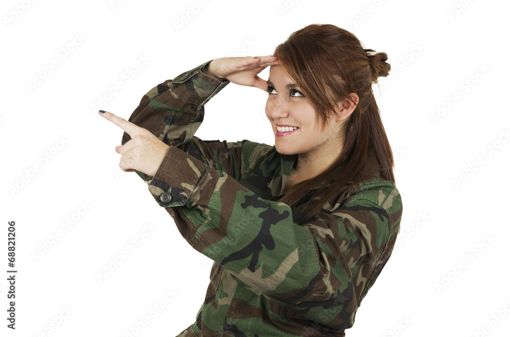 Pretty young girl dressed in green military uniform Pretty young girl dressed in green military uniform