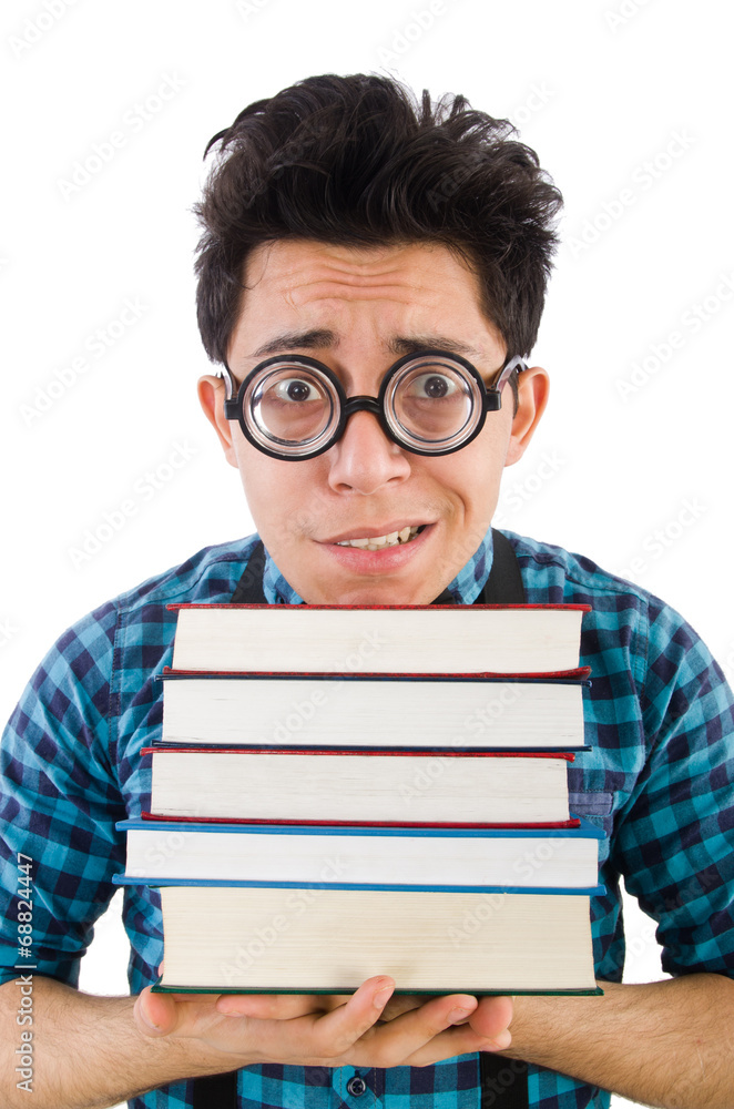 Funny student with stack of books Funny student with stack of books