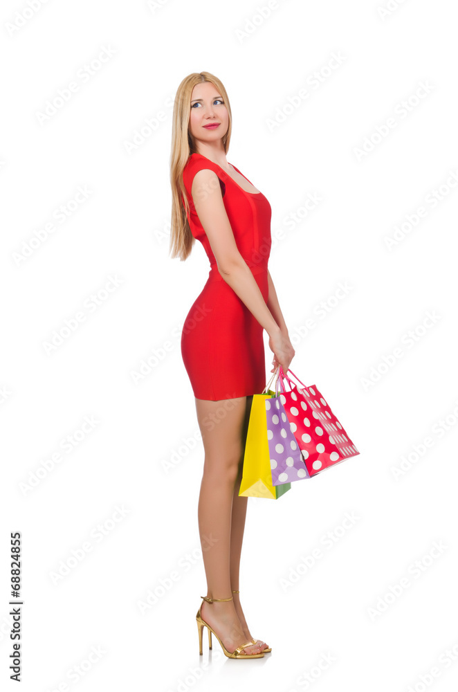 Young woman after shopping isolated on the white Young woman after shopping isolated on the white