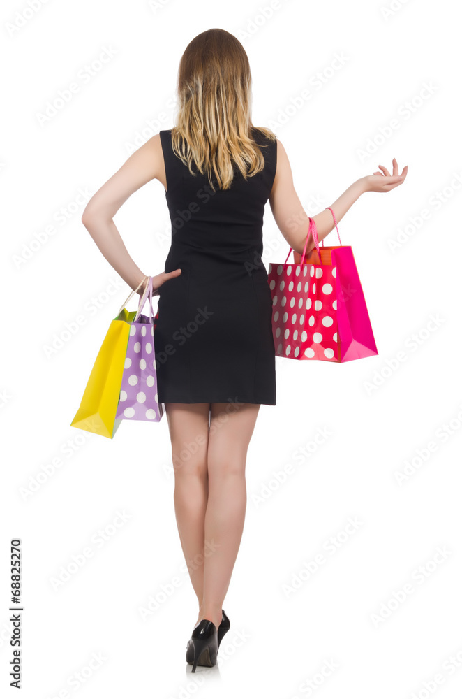 Woman after shopping spree on white Woman after shopping spree on white