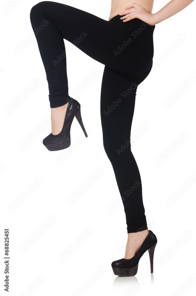 Black leggings in beauty fashion concept isolated on white Black leggings in beauty fashion concept isolated on white