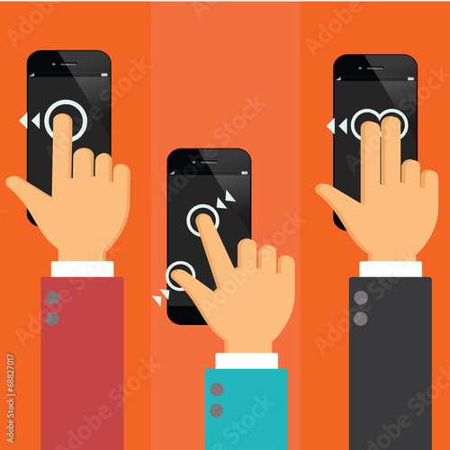 smart phone  using with hand touching screen symbol.flat design