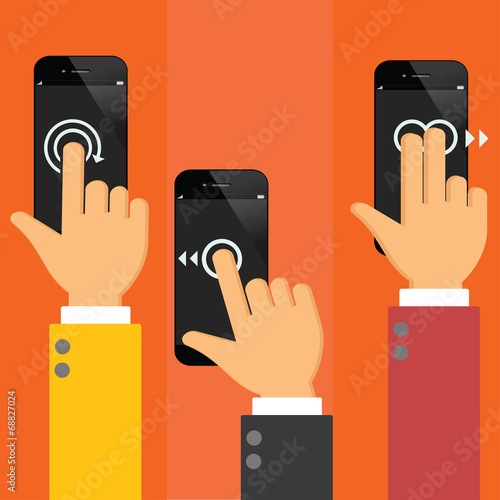 smart phone  using with hand touching screen symbol.flat design
