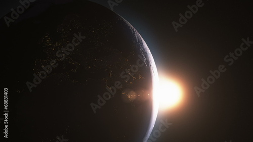 Cinematic and very realistic sunrise seen from space