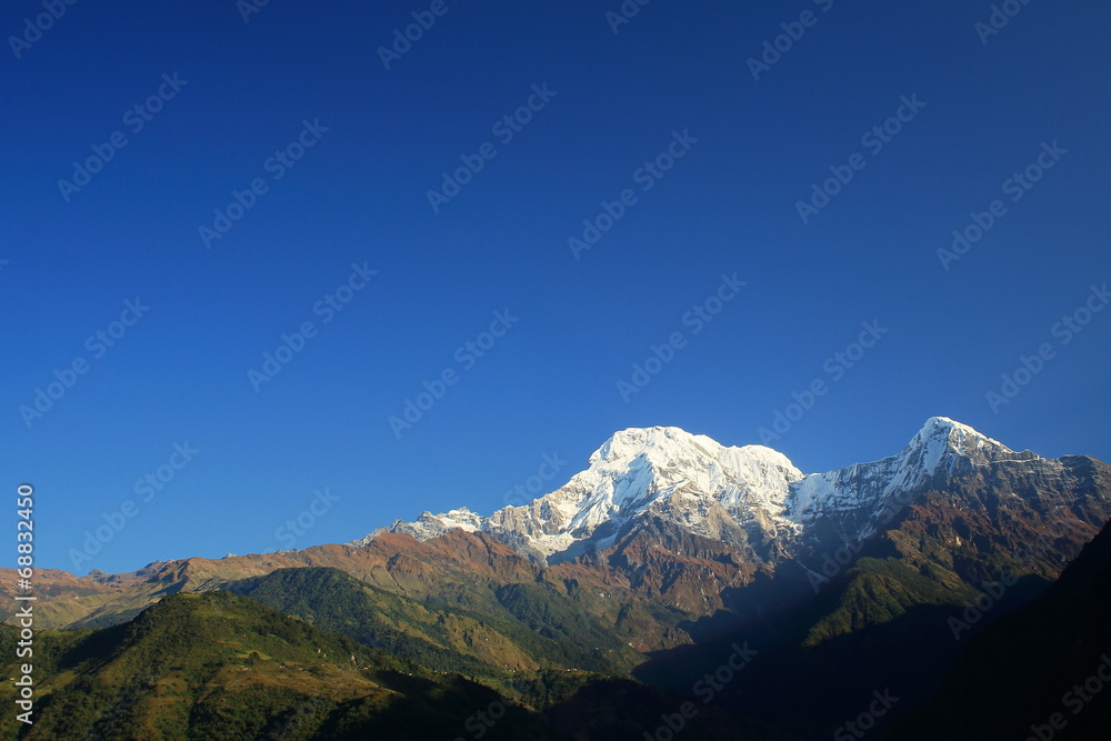 Mounts Annapurna South and Hiun Chuli (L-R). Landruk-Nepal. 0586
