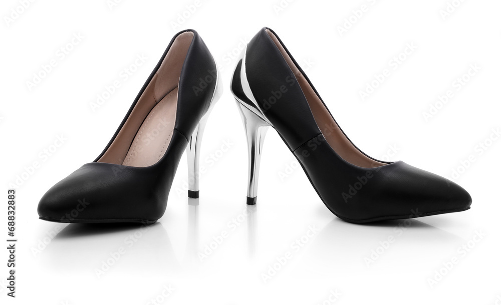 Sexy black shoes with silver high heels on white background Sexy black shoes with silver high heels on white background