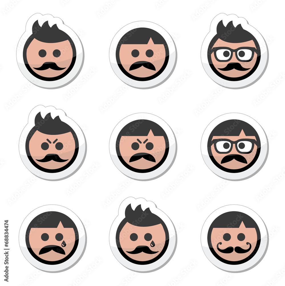 Man with moustache or mustache, avatar vector labels set Man with moustache or mustache, avatar vector labels set