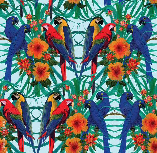 Seamless pattern with macaws and flowers.