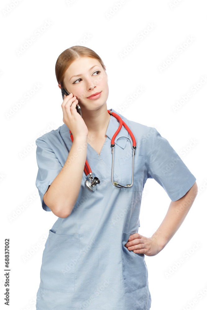 Portrait of medical doctor woman with stethoscope using phone Portrait of medical doctor woman with stethoscope using phone
