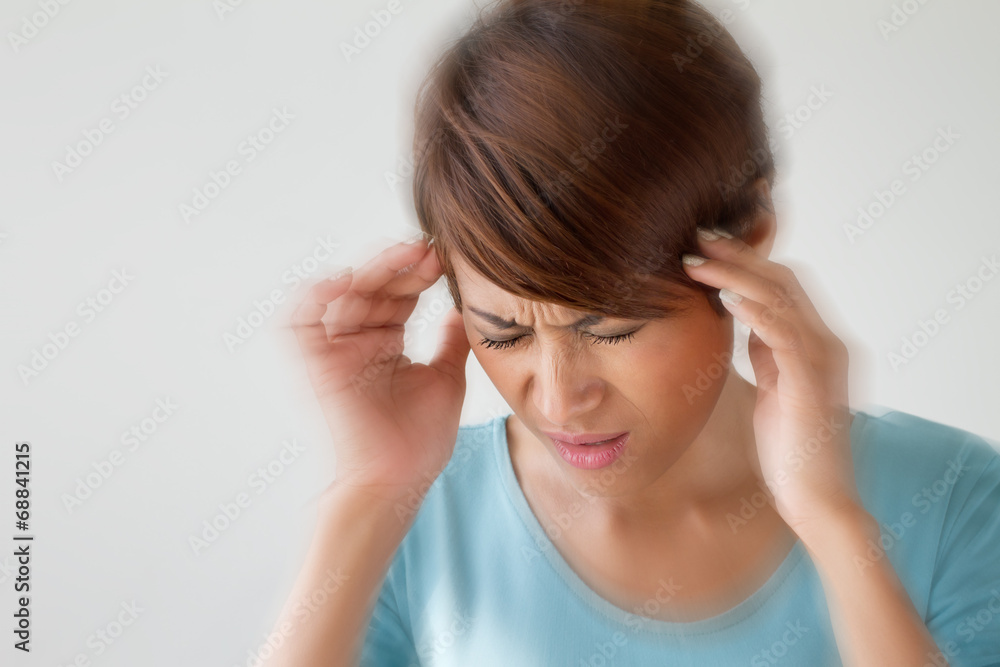 woman suffers from pain, headache, sickness, migraine, stress
