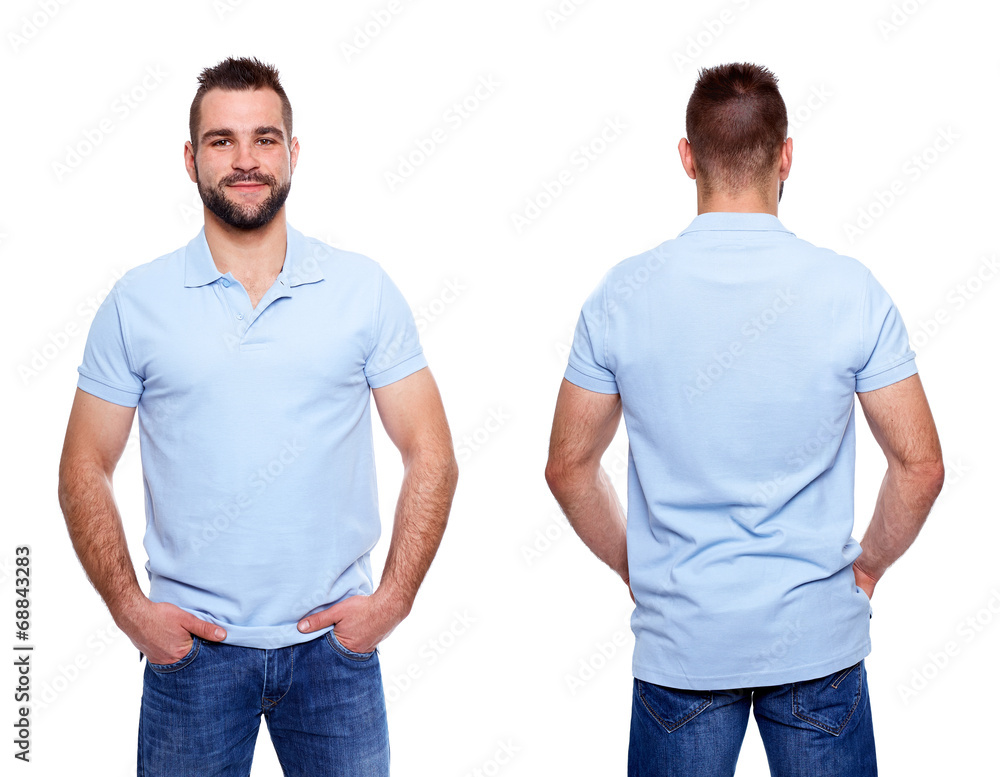 Blue polo shirt with a collar on a young man Blue polo shirt with a collar on a young man