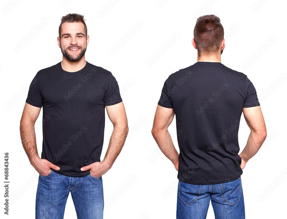 Black t shirt on a young man template - obrazy, fototapety, plakaty 