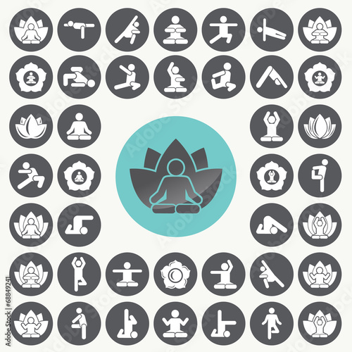 Yoga meditation exercise stretching people icons set. Illustrati