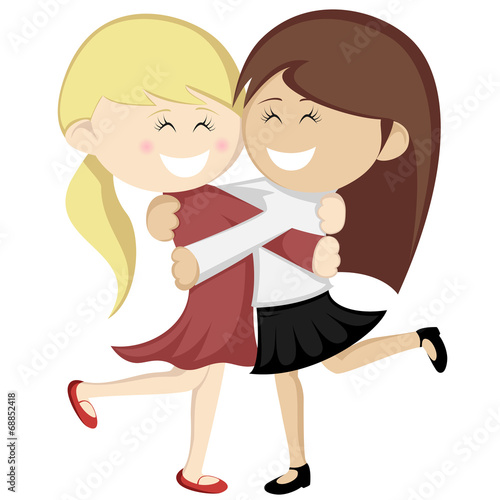 Hug collection - Lovely girlfriends are embracing and smiling.