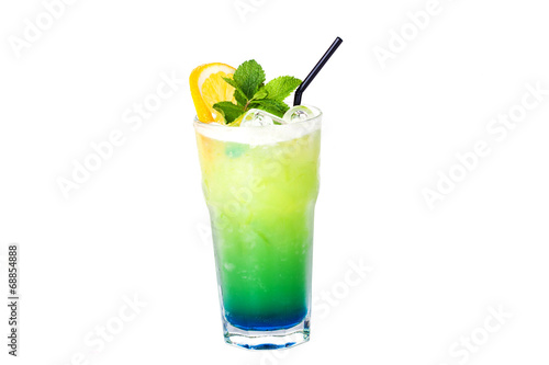 blue green cocktail with orange and mint
