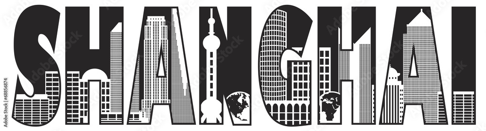 Obraz premium Shanghai City Skyline Outline Text Black and White Illustration