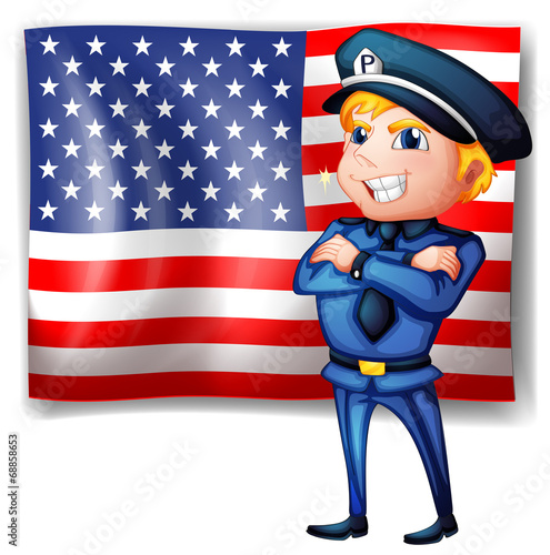 A police near the USA flag