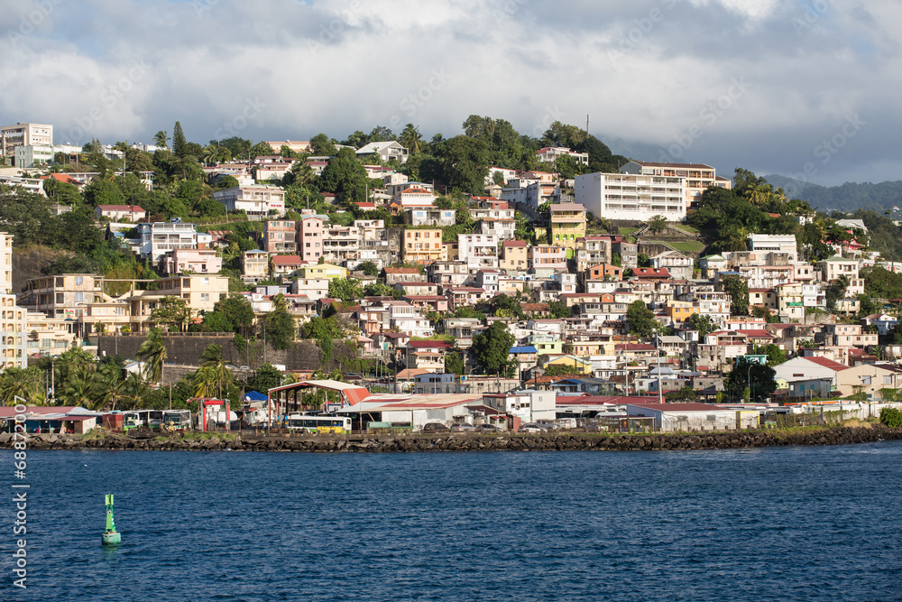 Colorful Homes on Martinique Coast with Green Channel Marker