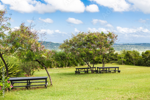 Picnic Benches on a Tropical Hillside