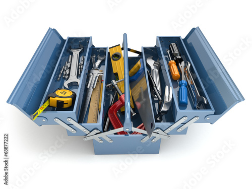 Toolbox with tools on white isolated background. photo