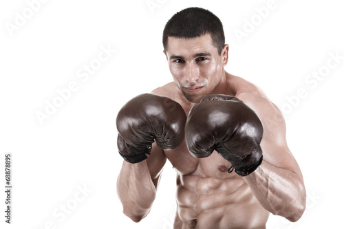 Young muscular man, boxer posing in studio in gloves, isolated