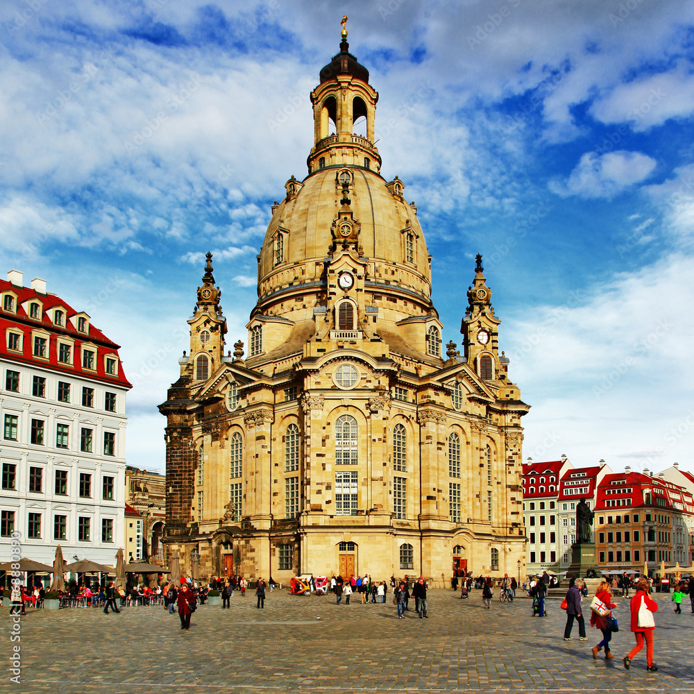 Fototapeta premium Church Frauenkirche in Dresden Germany on a sunny day with blue