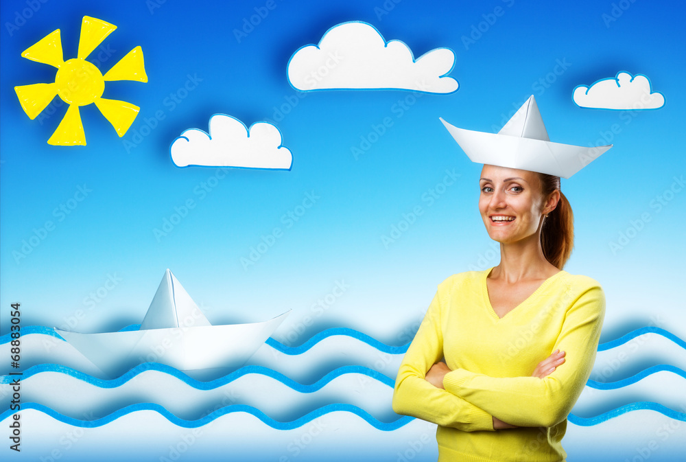 Happy smiling young woman on cartoon background