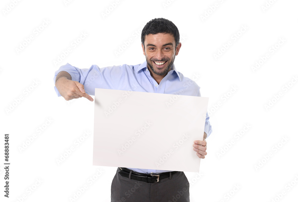 happy young business man holding blank billboard happy young business man holding blank billboard
