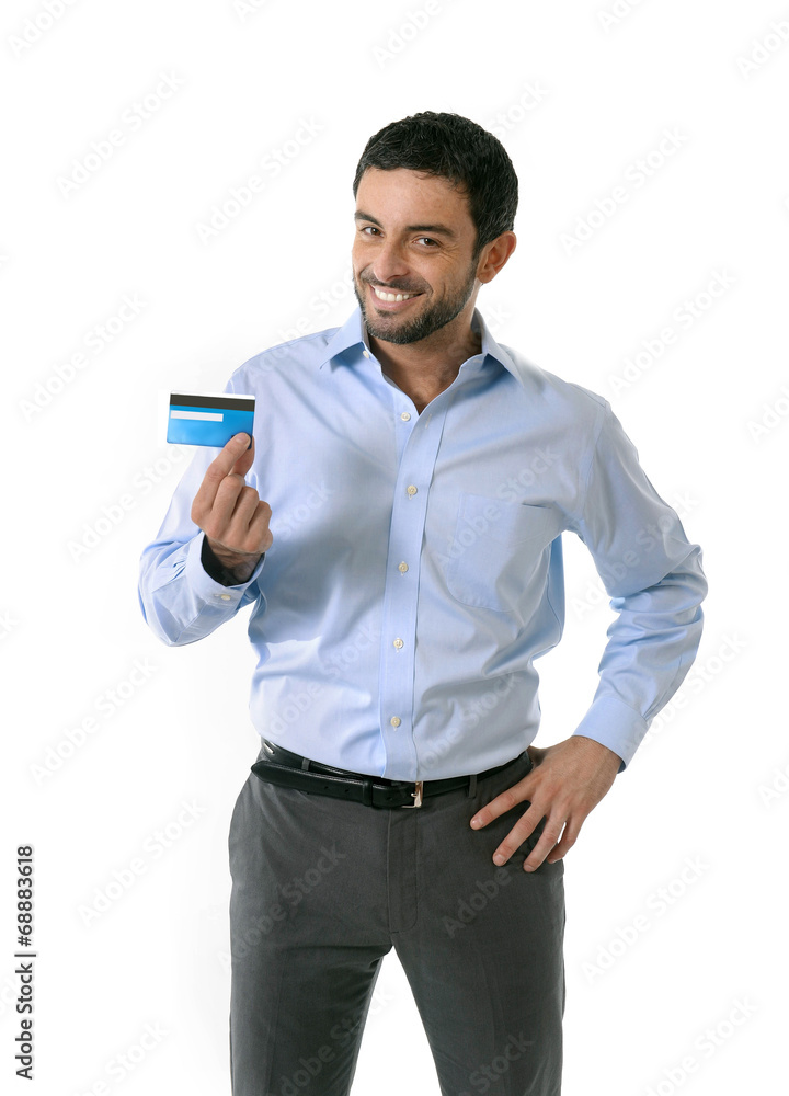 happy attractive smart casual businessman showing credit card happy attractive smart casual businessman showing credit card