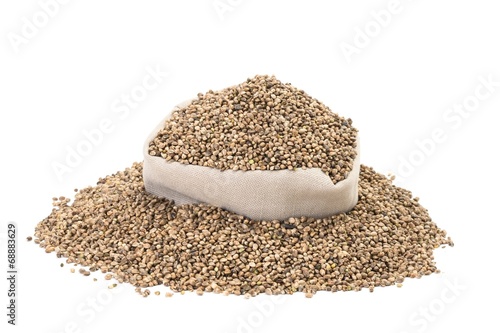 Hemp seeds in a bag on white background