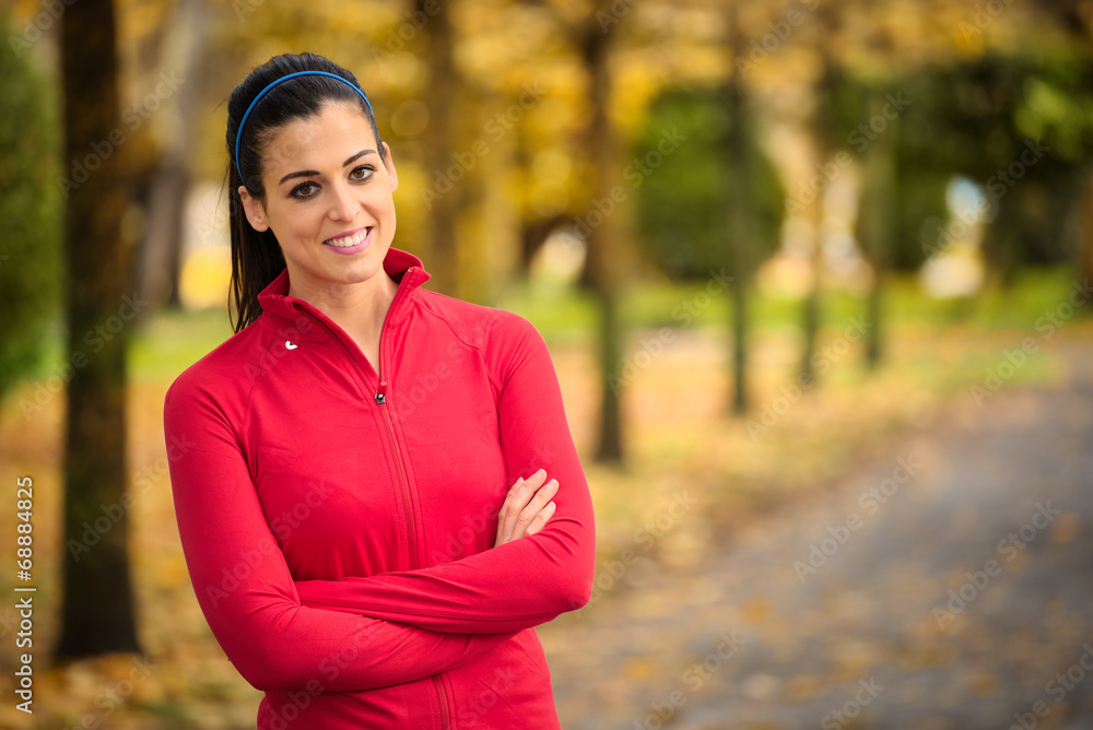 Sporty fitness woman autumn portrait and success Sporty fitness woman autumn portrait and success
