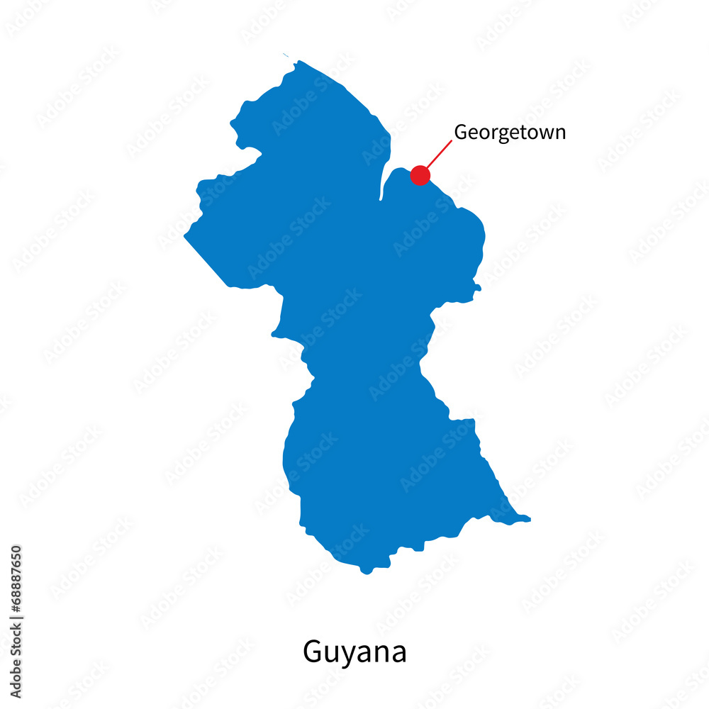 Detailed vector map of Guyana and capital city Georgetown