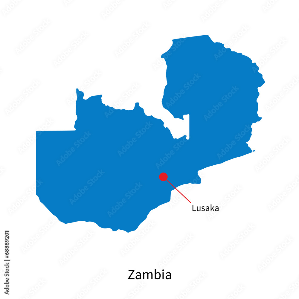 Detailed vector map of Zambia and capital city Lusaka