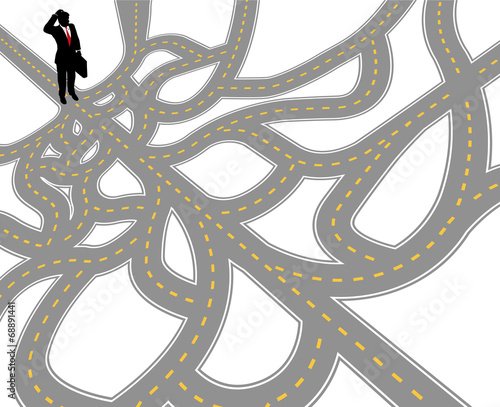 Business man question complex path