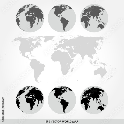 World map collection with flat detailed world map 