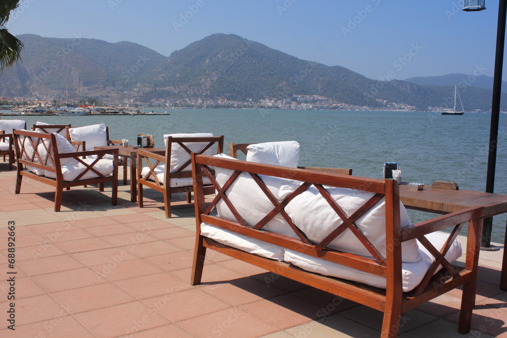 Seating at a resturant with views of fethiye in turkey