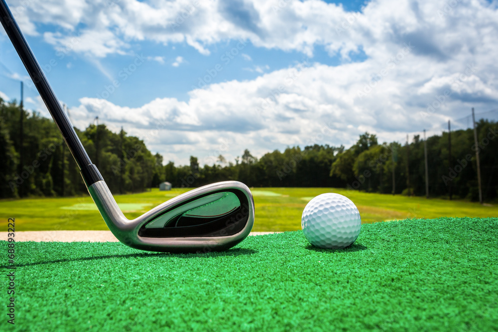 Close-up of a golf ball and a golf iron on a driving range