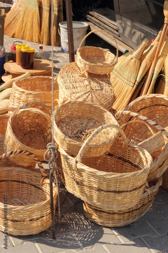 Traditional handmade turkish baskets in a market