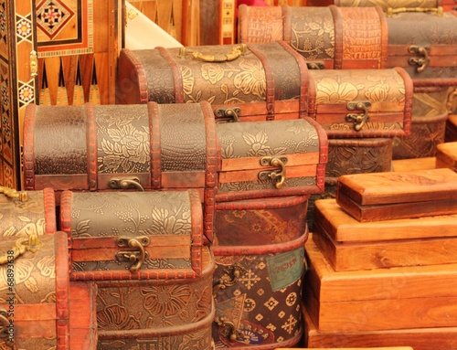 Handmade turkish boxes in a traditional turkish market