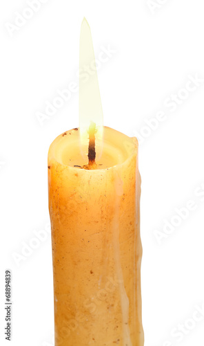 used lighted candle close up isolated on white photo