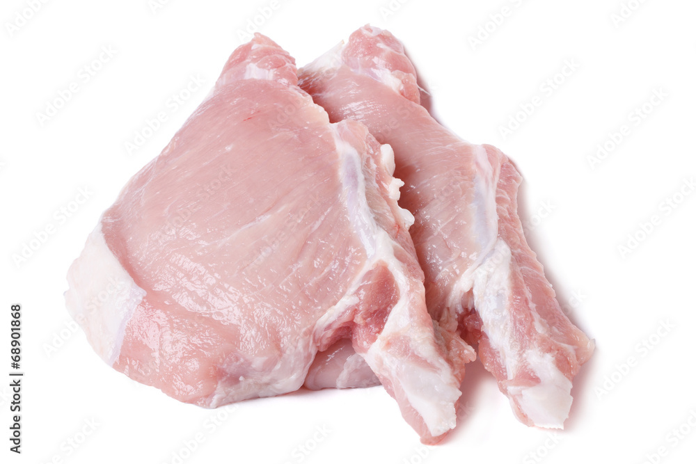 two pieces of fresh raw pork meat isolated on white