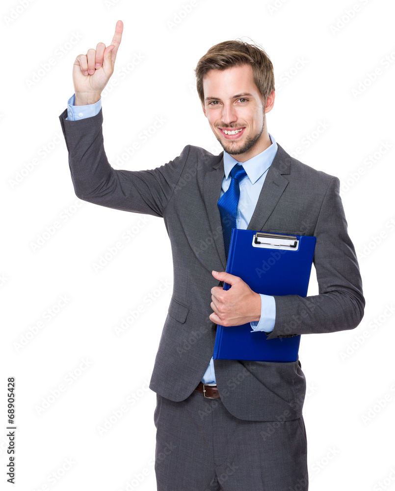 Caucasian businessman hold clipboard with finger point up